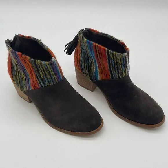 TOMS Ankle Boots Women's 6 Chocolate Brown Leila Suede Shoes Striped Tassel EUC‎ - Picture 2 of 16